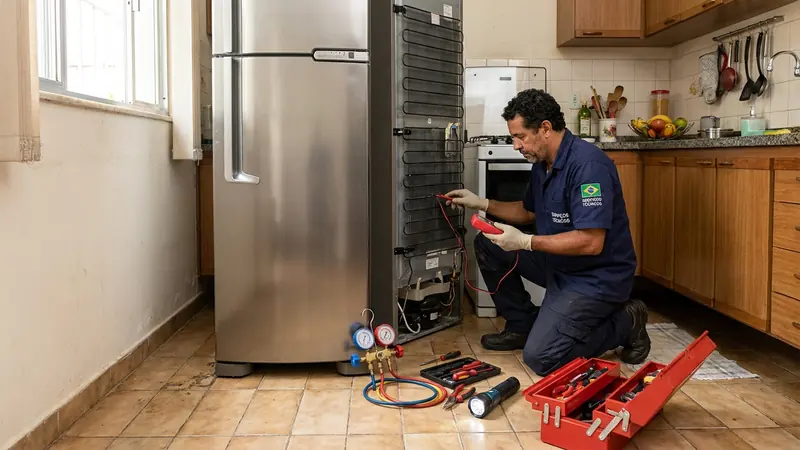 Técnico medindo a pressão do gás da geladeira com manômetro