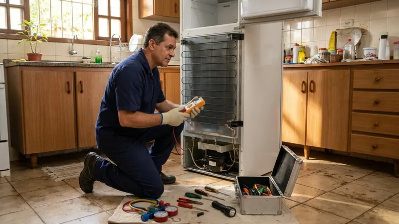 Técnico limpando o condensador e a ventilação da geladeira