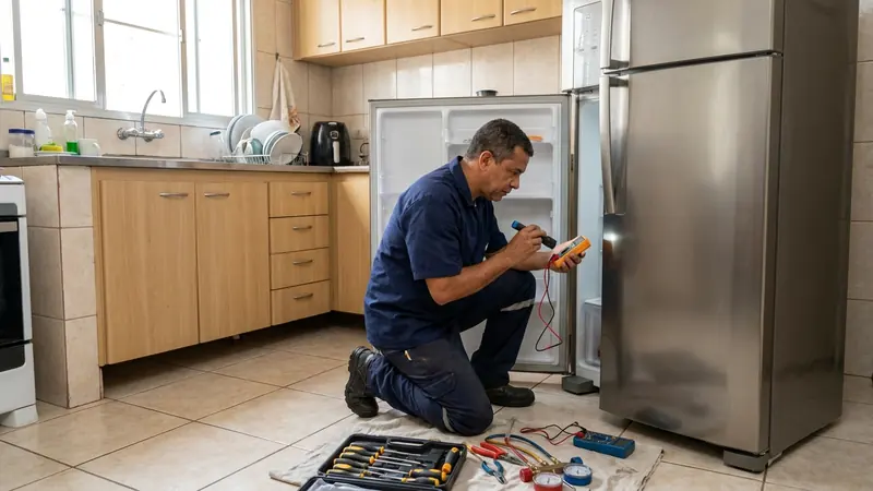 Técnico testando o termostato e a vedação da geladeira
